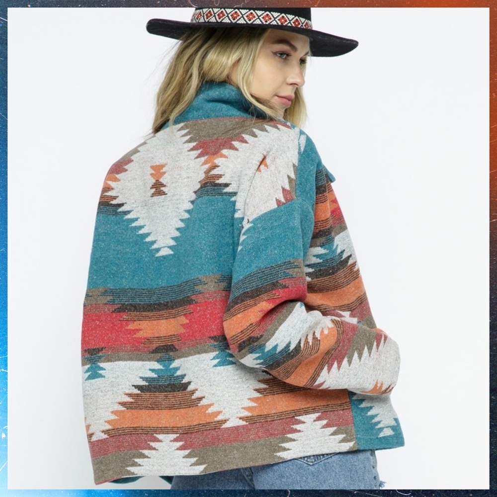 LUX BRAND Aztec Print Button Up Soft & Cozy Jacket W/Stand-Up Collar & Pockets - Picture 12 of 16